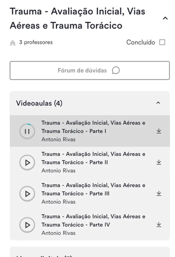 Painel de materiais da plataforma do Estratégia MED com videoaulas, livros digitais, resumos e slides do tema